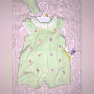 Mint Green Baby Romper with Pink Strawberry Embroidery